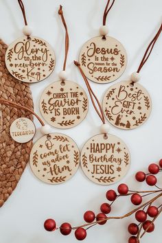 six wooden christmas ornament ornaments with the words, jesus is born and happy birthday written on them