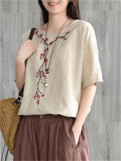 Description Product ID: TP2061598 Material: Cotton, Linen Sleeve: Short Sleeve Pattern: Solid, Embroidered Season: Spring, Summer Style: Casual, Fashion, Simple Occasion: Daily, Vacation, Outdoor Activities, Street Closure Type: Pullover Package included: 1 * T-Shirt Size Information (Asian Size) : Please allow 1-3 cm measured error. Tag Size Length Chest Shoulder Sleeve Length cm | inch cm | inch cm | inch cm | inch M 61cm | 24.0'' 108cm | 42.4'' 53cm | 20.8'' 20cm | 7.9'' L 62cm | 24.4'' 112cm Casual Short Sleeve Blouse With Floral Embroidery, Casual Floral Embroidered Short Sleeve Blouse, Beige Short Sleeve T-shirt For Spring, Casual Short Sleeve Embroidered Summer Top, Casual Embroidered Short Sleeve Top For Spring, Casual Embroidered Top With Relaxed Fit For Spring, Casual Embroidered Short Sleeve Blouse, Spring Crew Neck Blouse, Casual Beige Embroidered Summer Top