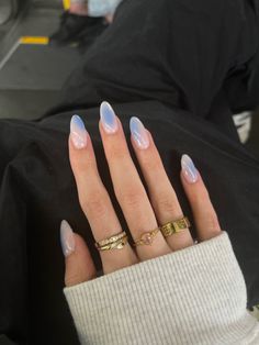 Sky Blue Cloud Aura Airbrush Nails Gel Nail Almond, Birthday Nail Inspo Acrylic Almond, Nails Gel Blue, Matte Aura Nails, Nails Ideas Blue And White, Nails Aesthetic Summer, Lilac Blue Nails, Black Blue And White Nails, Blue Easy Nail Designs