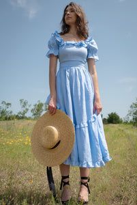 Feminine Ruffled Dress For Picnic, Elegant Fitted Midi Dress For Picnic, Elegant Square Neck Picnic Dress, Square Neck Ruffled Midi Dress For Wedding, Square Neck Midi Dress With Ruffles For Weddings, Fitted Cottagecore Midi Dress With Ruffles, Cottagecore Fitted Midi Dress With Ruffles, Fitted Ruffle Dress For Picnic, Elegant Spring Prairie Dress With Ruffle Hem