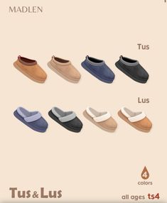 several different types of slippers with the words tus & lus written on them