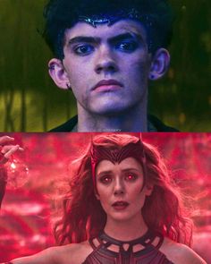 two different images of the same person with blue eyes and red hair, one is looking at