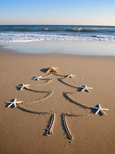 a christmas tree drawn in the sand at the beach