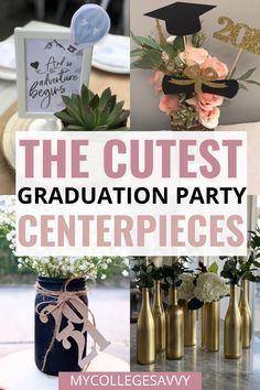 The cutest graduation party centerpieces High School Graduation Centerpieces, Graduation Party Table Centerpieces, Graduation Party Table Decorations, Centerpieces Graduation, Grad Party Centerpieces, Graduation Table Centerpieces, Graduation Centerpieces, Graduation Table Decorations