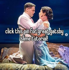 a man and woman sitting next to each other on a bed with the words click this pin for great gatsy slime