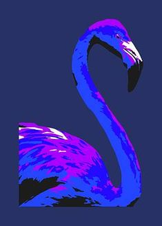 a pink and blue flamingo sitting on top of a dark blue background with the letter e in it's center