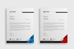 two letterheads with blue, red and black lines on the bottom left side