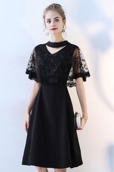 Classy Lace Cape Sleeve Short Black Formal Dress with Sleeves - $69.3 #BLS86049 - SheProm.com Elegant Semi Formal Dresses, Black Formal Dress With Sleeves, Short Black Formal Dress, Formal Dress With Sleeves, Black Formal Dress Short, Elegant Dresses Classy Vintage, Formal Dresses Long Elegant, Junior Formal Dresses, Black Formal Dress