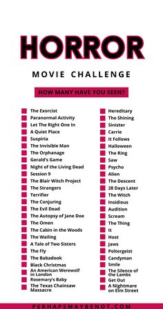 the poster for horror movie challenge is shown in red and black, with words above it