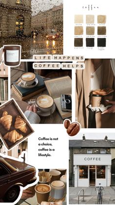 coffee and pastries are featured in this collage with the words life happens, coffee helps