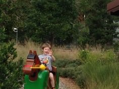 a young boy riding on the back of a green toy train in a park next to tall grass and trees