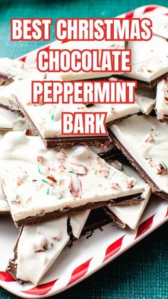 white chocolate peppermint bark on a plate with the words best christmas chocolate peppermint bark