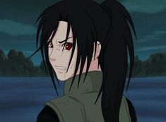 an anime character with long black hair and red eyes