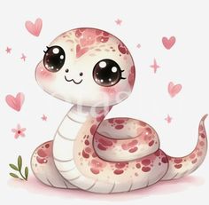 a cute snake with big eyes and hearts around it's neck, sitting on the ground