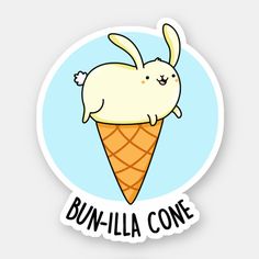 a sticker with an image of a bunny in the ice cream cone that says, bunnilla cone