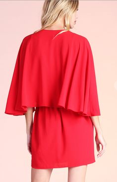 Whether you're going to a wedding, gala, shower or Holiday party, this amazing cape dress will be sure to wow the crowd! This dress features a gathered, tuck-pleat v neckline, cape design on the shouldersback and a mini length. Pair with strappy heels and a clutch for an elegant, timeless look. Waist Cape, Cape Designs, Cape Dress, True Red, Kimono Jacket, Sweater Sale, Dress Pant, Linen Shorts, Strappy Heels