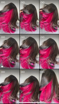 Fun Colors To Dye Your Hair, Brown And Pink Hair Peekaboo, Vivid Pink Hair, Pick A Boo Hair, Dye Hair Inspiration, Reverse Peekaboo Hair, Pink Highlights Black Hair