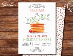 a card with pancakes on it and the words pancakes for holiday cheer written in red