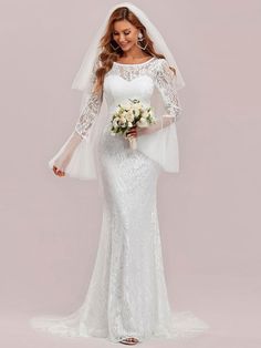 This bodycon floor-length long lace sleeve wedding dress features a gorgeous all-over floral lace, sweetheart neckline, and sheer top, giving it a look of vintage inspiration. The cinched bodice and flowing mermaid bottom exude a pure elegance, ideal for any time of year. Fit: Please refer to Size Chart. Closure: It is Concealed a Zipper Up The Back. Undergarments: It is Padded, with Lining. Fabric: Shell:90%Polyamide 10%Elastane, Lining:100%Polyester. Stretch: Fabric is No Stretch. // Sleeve Mermaid Wedding Dress, Long Sleeve Wedding Dress Lace Mermaid, Ivory Gown, Lace Wedding Dress With Sleeves, Plus Size Gowns, Long Sleeve Wedding Dress Lace, Beautiful Wedding Gowns, Lace Bridal Gown, Lace Mermaid