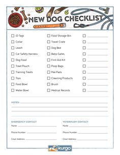 a new dog checklist is shown in this printable form for dogs to use