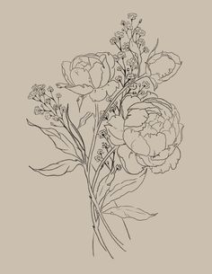 a black and white drawing of some flowers