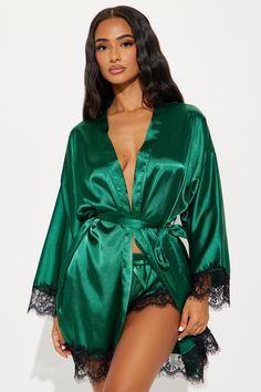 Available In Blue And Emerald. 2 Piece Robe Set Top Not Included Long Sleeve Robe Tie Waist Matching Shorts Lace Trim Non Stretch Final Sale 97% Polyester 3% Spandex Imported | Special Lover Satin Lace PJ 2 Piece Robe Short Set in Emerald size 1X by Fashion Nova Cami Mendes, Sleepwear Fashion, Lace Trim Shorts, Sweater Jumpsuit, Sleepwear Robe, Bra And Panty Sets, Short Set, Lingerie Sleepwear, Bra Lingerie