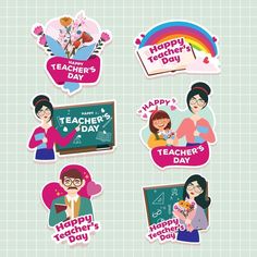 teacher's day stickers are shown in four different styles and colors, including one with