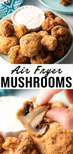 a person is dipping some food into the air fryer mushrooms