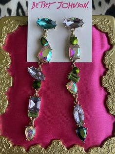 Betsey Johnson Buggin Out SPARKLY Metallic Green AB Pink Crystal Stone Earrings | eBay Betsy Johnson, Fashion Jewelry Earrings, Crystal Stone, Rhinestone Earrings, Pink Crystal, Stone Earrings, Color Set, Betsey Johnson, Fashion Watches