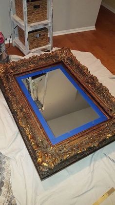 #diy, #crafts, #handmade, #creative How To Paint Ornate Mirror Frame, Baroque Mirror Living Room, Painted Antique Mirror Frame, Refinish Mirror Frame Ideas, Painted Ornate Mirror, Updating Mirrors Frame, Painting Mirrors Ideas Diy, Refurbish Mirror, Update Mirror Frame