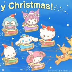 hello kitty christmas card with cartoon characters on sleds