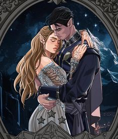 a man and woman are hugging in front of the night sky with stars on it