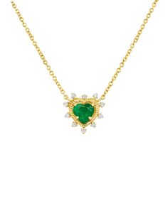 Enchant your style with the Jasmine Emerald Heart Necklace. Crafted from 14k gold, this exquisite necklace features a stunning heart-shaped emerald at its center, surrounded by a halo of sparkling round diamonds. Perfect for adding a touch of luxury and romance to any outfit, this piece is a timeless treasure that exudes elegance and grace. Luxury Gold Emerald Necklace With Exquisite Style, Elegant Heart-shaped Green Emerald Necklace, Elegant Green Heart-shaped Emerald Necklace, Elegant Heart Necklace For May Birthstone, Elegant Green Emerald Heart Pendant Necklace, Elegant Emerald Heart Pendant Necklace, Elegant Heart Necklace With May Birthstone Charm, Elegant Heart Charm Necklace For May Birthstone, Elegant Heart Cut May Birthstone Necklaces