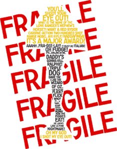 the word fragile is written in different languages on a white background with red and yellow lettering