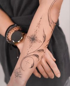 a woman's arm with a flower tattoo on the left side of her arm