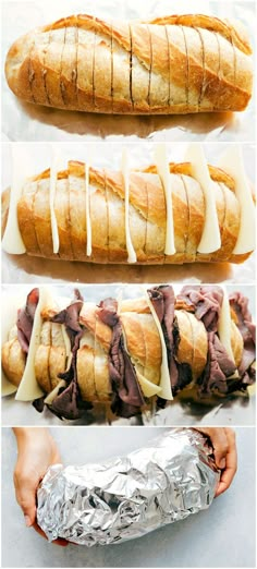 four different types of breads being wrapped in tin foil and then cut into long pieces