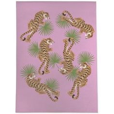 three tigers on pink background with palm leaves