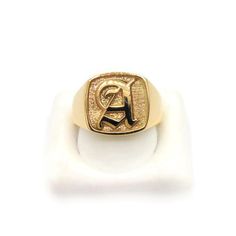 Welcome to Twins Jewelry Initial Letter Alphabet Ring Yellow Gold. The ring is available in solid 10K or 14K yellow gold. Your choice of a single Old English style letter from A to Z at the center of the ring. Send us a message with your choice of letter.  Face Measures Approximately 15 mm x 13 mm. Sizes 8, 9 and 10 are available at no extra charge. Any Other Sizing Option is Available with an Additional Fee. The ring is 100% handcrafted and manufactured by us here in the USA.  Approximate DIMEN Symbolic 14k Gold Initial Ring With Polished Finish, Symbolic Yellow Gold Initial Ring Stamped 14k, Symbolic Hallmarked Initial Ring For Formal Occasions, Symbolic Personalized Yellow Gold Signet Ring, Symbolic Yellow Gold Signet Ring Engraved, Personalized Yellow Gold Signet Ring, Classic Yellow Gold Rings With Initials, Gold Symbolic Initial Ring Hallmarked, Gold Symbolic Initial Ring For Formal Occasions