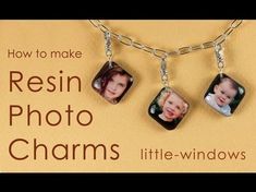 three pictures hanging from a chain with the words resinin photo charms on it's side