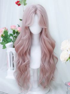 Pink Curtain Bangs Long Wavy Synthetic Wig Pink Hair Curtain Bangs, Pink Curtain Bangs, Trendy Curtain Bangs, Pink Curtain, Long Wavy Wig, Layered Curtains, Blonde Layers, Bangs Long, Pink Curtains