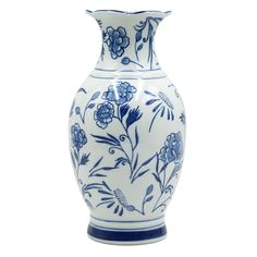 a blue and white vase with flowers on it's sides, sitting against a white background