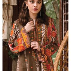 New 3 Piece Laxauary Orient Salwar Kameez Xl Festive Fall Kurta With Printed Motifs, Bohemian Cambric Lawn Suit, Festive Printed Kurta For Fall, Bohemian Lawn Suit With Long Sleeves And Printed Motifs, Traditional Winter Salwar Kameez In Cambric, Traditional Cambric Salwar Kameez For Winter, Unstitched Brown Lawn Suit With Dabka Details, Winter Long Sleeve Cambric Salwar Kameez, Long Sleeve Multicolor Lawn Suit