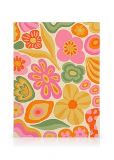 an orange, pink and green floral pattern on a white background