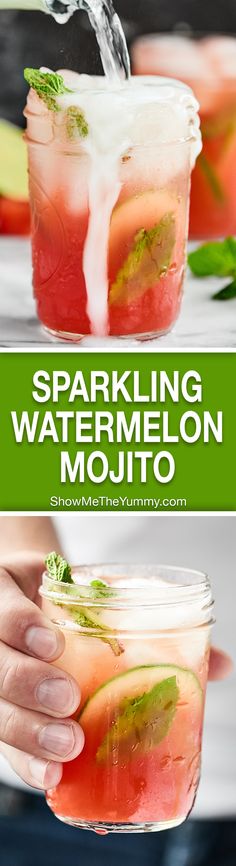 someone pouring watermelon mojito into a glass with the text sparkling watermelon mojito