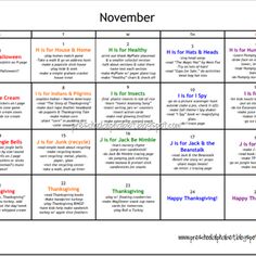 a printable calendar for november with the words, days and months in different colors