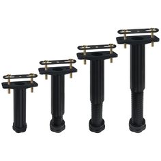 four black and gold pedestals are shown in three different positions, one with two without