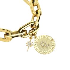 The ZODIAC PUERTO BRACELET- Leo made of 8" Hypoallergenic Gold Plated Stainless Steel chain with 20mm Gold Filled Leo Zodiac Charm with Micro Pave Constellation. Zodiac Sign Bracelet, Go Get Em, Zodiac Bracelet, Star Sign, Stainless Steel Pendant, Star Pendant, Polish Jewelry, Micro Pave, Star Signs