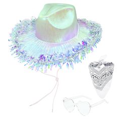 PRICES MAY VARY. Space Cowgirl Hat Set: You will receive a neon cowboy hat with Bandana and heart sunglasses of the same color. There is a matching sequin trim around the brim of the cowboy hats for women, and comes with an adjustable neck drawstring. Good Quality: Our cowgirl hats women are made of good quality materials to maintain their shape and maintain their dazzling shine for your disco pink cowgirl hat. They are lightweight, soft and comfortable, and not prone to aging. These bright, bol Fun Summer Hats For Costume Party, Fun Brimmed Costume Hats For Parties, Fun Wide Brim Costume Hats And Headpieces For Party, Fun Wide Brim Party Costume Hats And Headpieces, Fun Wide Brim Party Hat, Fun Costume Hats And Headpieces For Spring Party, Fun Spring Costume Hats And Headpieces For Party, Fun Spring Party Costume Hats And Headpieces, Adjustable Hats For Summer Costume Party