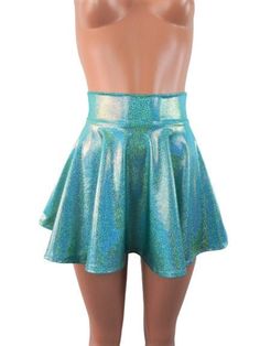 "Please measure yourself to see which length is right for you Marine/ Seafoam spandex skater skirt 15\" shown on mannequin. High waist skirt can be worn lower or higher most skirts allow you to place the waistline where it suits you on your particular body shape and personal desire! this fun flirty skirt is a full circle design and can be ordered in lengths of 10 inch, 12 inch, 15 inch and 19 inch- if you need a longer length contact me for a quote. Any of my items can be made in any spandex fab Stretch Skirt For Spring Costume Party, Cheerleading Stretch Mini Bottoms, Shiny Stretch Mini Skirt, Shiny Fitted Skirt For Party Season, Fitted Shiny Skirt For Party Season, Stretch Party Skort, Metallic Stretch Skirt For Party, Metallic Stretch Mini Skirt, Metallic Mini Skirt With Stretch