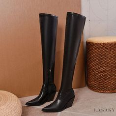 Lasaky - Over-the-Knee Equestrian-Inspired High Heel Boots with Pointed Denim Toe and Platform Elastic Boots Western Style Fitted Knee-high Platform Boots, Fall Riding Knee-high Boots, Casual Over-the-knee Fitted Platform Boots, Fitted Western Platform Boots For Fall, Western Fitted Knee-high Boots, Fitted Faux Leather Wedge Boots For Fall, Trendy Fitted Black Wedge Boots, Western Style Knee-high Faux Leather Heeled Boots, Western Faux Leather Knee-high Heeled Boots